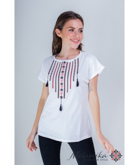 Klassisches wei?es Damen-T-Shirt mit ukrainischem Ornament "Halskette" M
