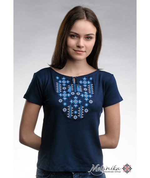 Patriotic Women's T-Shirt with Geometric Embroidery in Dark Blue "Star Light" XXL
