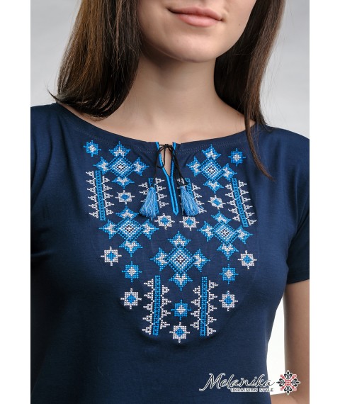 Patriotic Women's T-Shirt with Geometric Embroidery in Dark Blue "Star Light" XXL