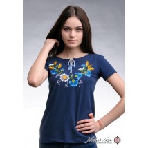 Женская вышитая футболка темно-синего цвета с цветочным орнаментом в украинском стиле «Веночек» M