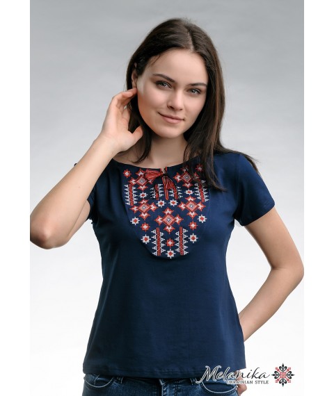 Bright women's embroidered T-shirt with red geometric embroidery in dark blue "Starlight" L