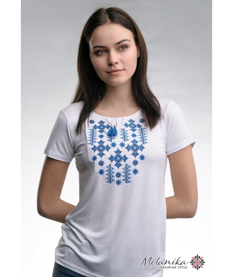 Летняя женская вышитая футболка белого цвета «Звездное сияние (синяя вышивка)» S