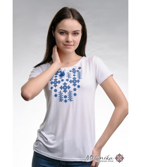 Летняя женская вышитая футболка белого цвета «Звездное сияние (синяя вышивка)» XL