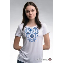 Weißes besticktes Sommer-Damen-T-Shirt „Starlight (blaue Stickerei)“ 3XL