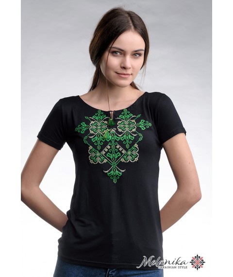 Летняя черная женская вышитая футболка с коротким рукавом «Элегия (зеленая вышивка)» M