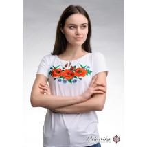Modisches besticktes Damen-T-Shirt in wei?er Farbe mit Blumen "Mohnfeld" S