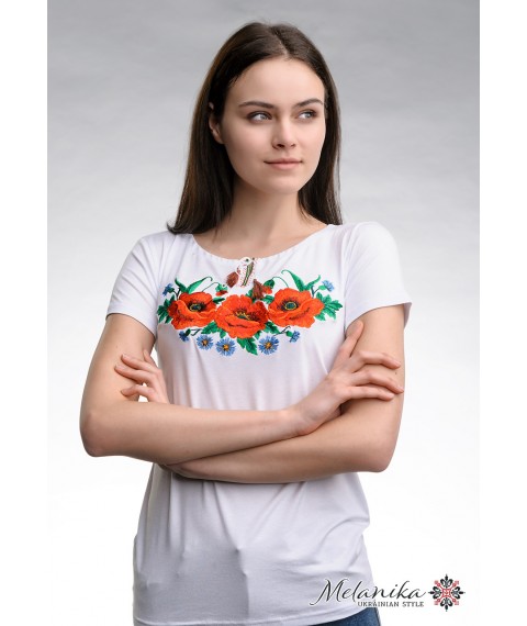 Modisches besticktes Damen-T-Shirt in wei?er Farbe mit Blumen "Mohnfeld" M