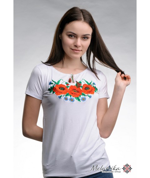 Modisches besticktes Damen-T-Shirt in wei?er Farbe mit Blumen "Mohnfeld" M