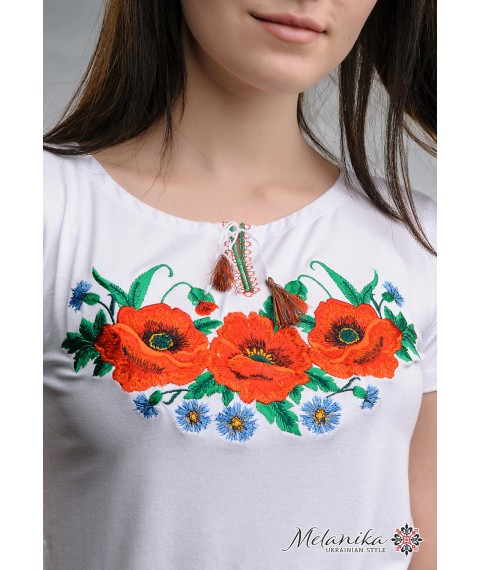 Modisches besticktes Damen-T-Shirt in wei?er Farbe mit Blumen "Mohnfeld" M