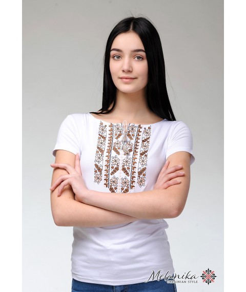 Женская летняя футболка с коротким рукавом с коричневой вышивкой «Природная экспрессия» L
