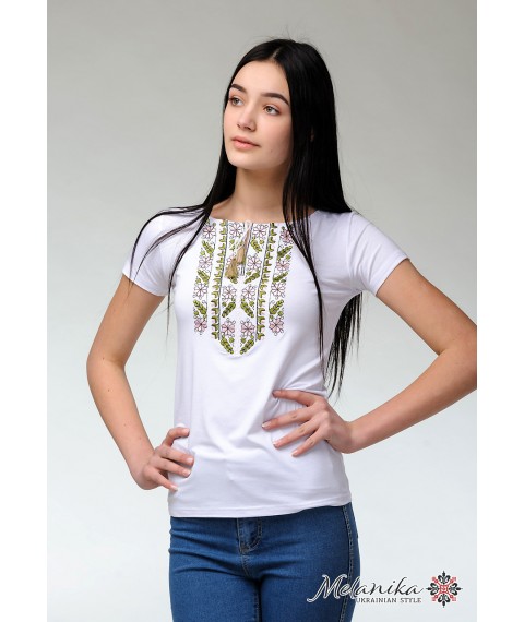 Stylish women's summer T-shirt with short sleeves with pink embroidery “Natural Expression” S