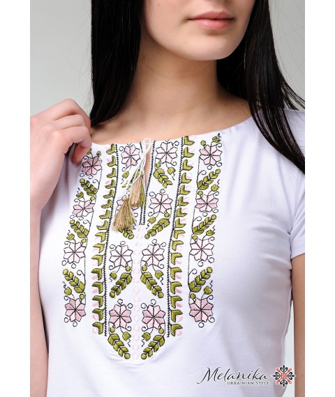 Stylish women's summer T-shirt with short sleeves with pink embroidery “Natural Expression” XL