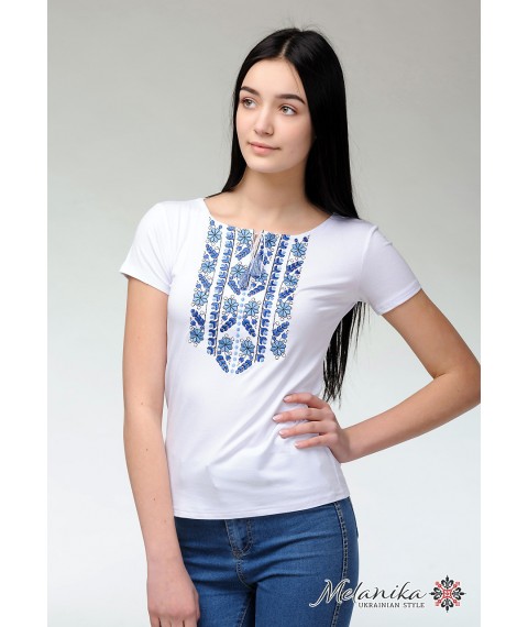 Women's Blue Natural Expression Geometric Embroidered Casual Short Sleeve T-Shirt L