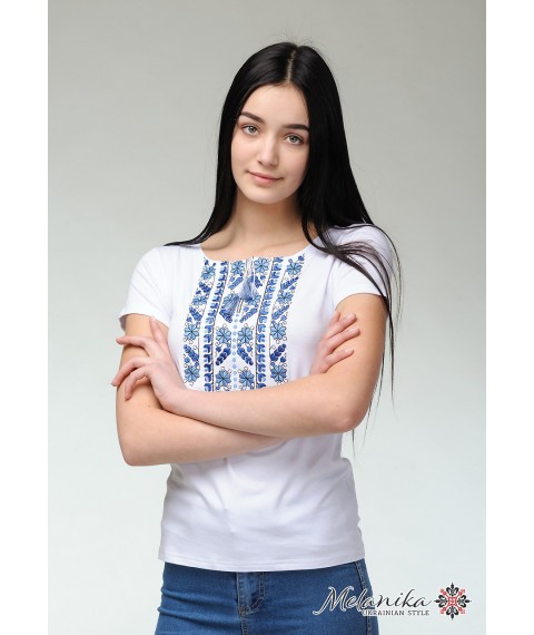 Women's Blue Natural Expression Geometric Embroidered Casual Short Sleeve T-Shirt