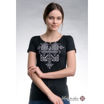 Повседневная женская вышитая футболка в черном цвете «Элегия (серая вышивка)» L