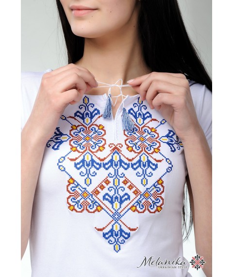 Women's T-shirt with short sleeves in white with original embroidery "Elegy" S