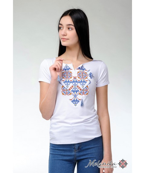 Women's T-shirt with short sleeves in white with original embroidery "Elegy" XL