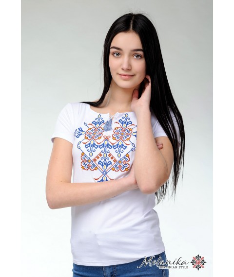 Women's T-shirt with short sleeves in white with original embroidery "Elegy" XL