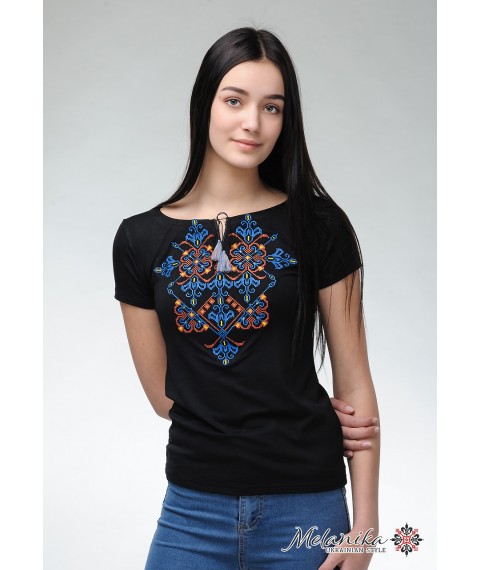 Original black women's embroidered T-shirt for jeans with short sleeves “Elegy” L