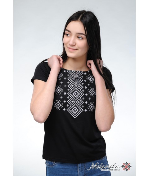 Women's black embroidered shirt with short sleeves “Carpathian ornament (gray embroidery)” M