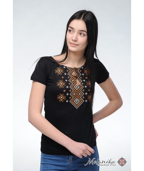 Женская черная вышивка на короткий рукав  «Карпатский орнамент (коричневая вышивка)» XL