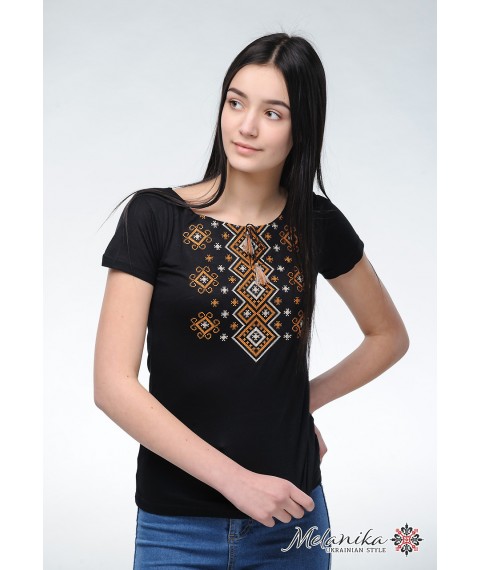 Women's black embroidery for short sleeves “Carpathian ornament (brown embroidery)” XXL