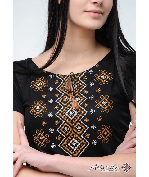 Women's black embroidery for short sleeves “Carpathian ornament (brown embroidery)” XXL