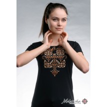 Черная женская вышитая футболка на каждый день в патриотическом стиле «Элегия (коричневая вышивка)» XXL