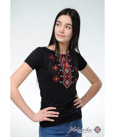 Модная женская вышиванка с классической вышивкой с коротким рукавом «Карпатский орнамент (красная вышивка)» S