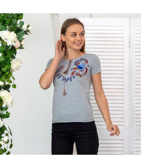 Women's gray embroidered T-shirt with a unique ornament "Petrikovskaya painting" S