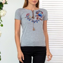 Women's gray embroidered T-shirt with a unique ornament "Petrikovskaya painting" L