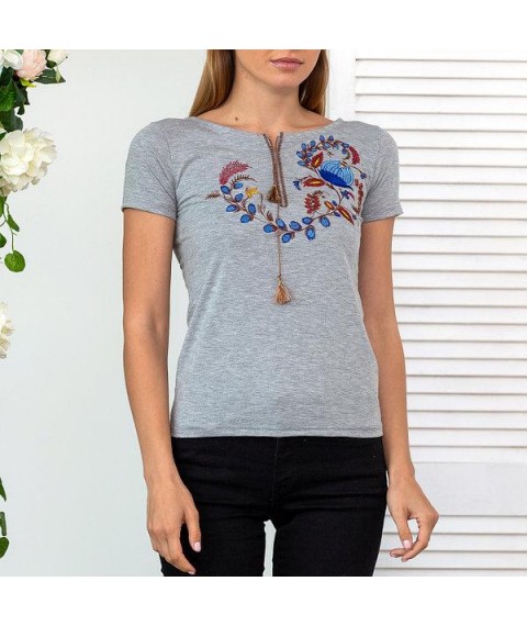 Graues besticktes Damen-T-Shirt mit einzigartigem Ornament "Petrikovskaya-Malerei" XL