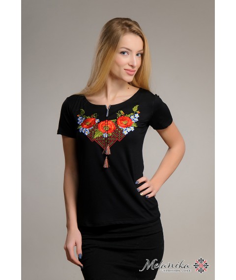 Black women's embroidered shirt with short sleeves in the national style “Miracle Maki” S