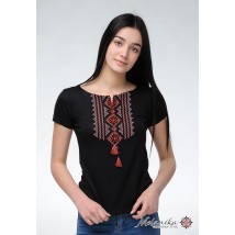 Женская вышитая футболка с классическим орнаментом «Гуцулка (красная вышивка)» L
