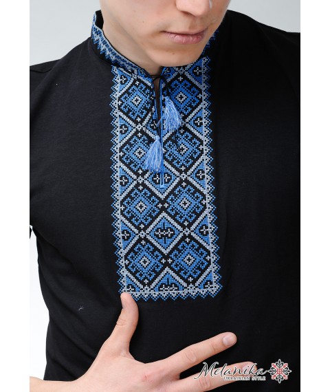 Мужская черная вышитая футболка в молодежном стиле «Атаманская (синяя вышивка)» S