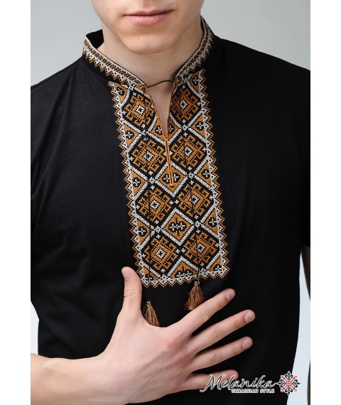 Черная мужская вышитая футболка в современном стиле «Атаманская (золотая вышивка)» XL