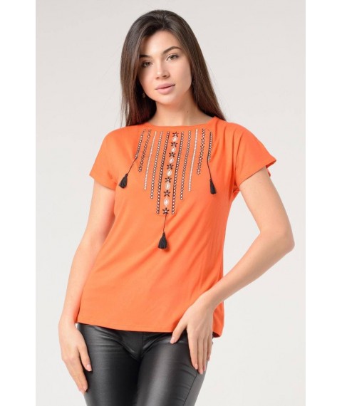 Практичная повседневная вышитая женская футболка в оранжевом цвете «Ожерелье» L