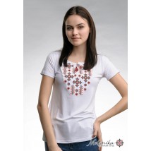 Классическая белая женская вышитая футболка «Звездное сияние (красная вышивка)» S