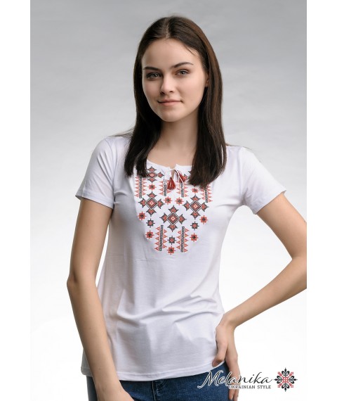 Классическая белая женская вышитая футболка «Звездное сияние (красная вышивка)» M