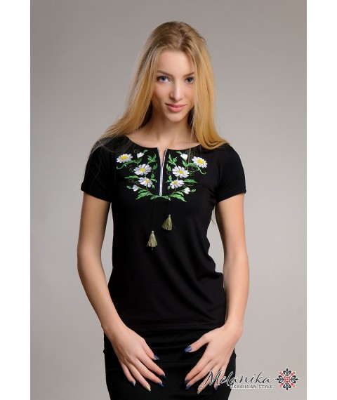 Black women's embroidered shirt in a patriotic style with floral ornament "Daisies" XXL