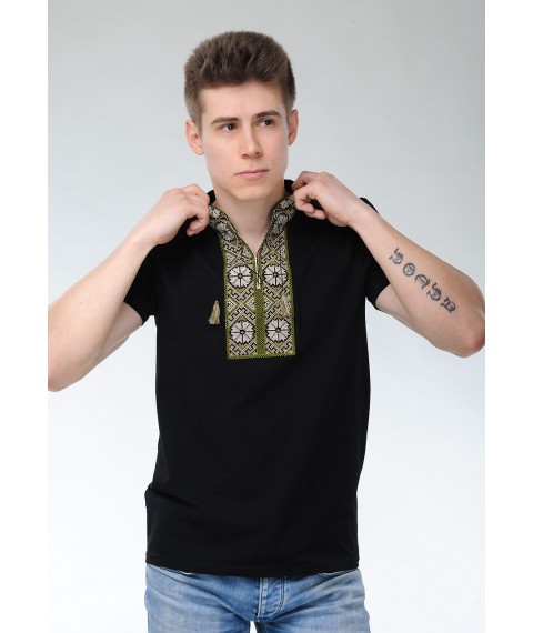Модная мужская вышитая футболка с коротким рукавом в этническом стиле «Солнышко (зеленая вышивка)» L