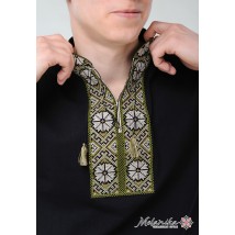 Модная мужская вышитая футболка с коротким рукавом в этническом стиле «Солнышко (зеленая вышивка)» XL