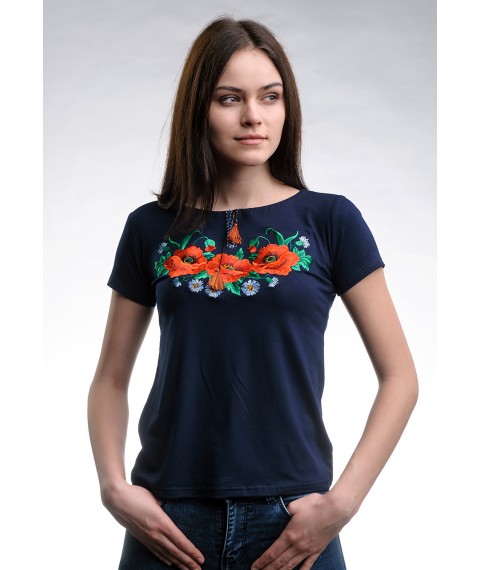 Dark blue women's embroidered T-shirt for every day “Poppy Field” S
