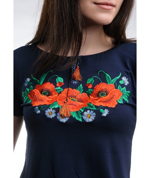 Dark blue women's embroidered T-shirt for every day “Poppy Field” M