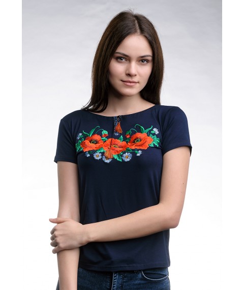 Dark blue women's embroidered T-shirt for every day “Poppy Field” 3XL
