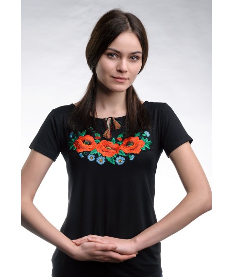 Черная женская вышитая футболка с цветочным орнаментом с коротким рукавом «Маковое поле» S