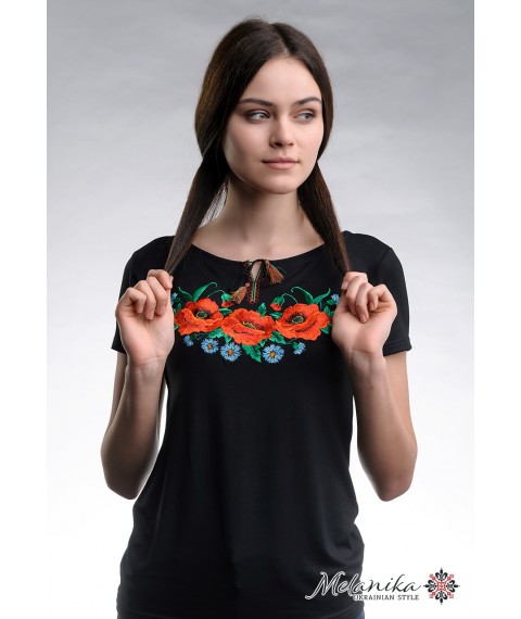 Черная женская вышитая футболка с цветочным орнаментом с коротким рукавом «Маковое поле» S