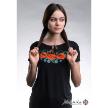 Черная женская вышитая футболка с цветочным орнаментом с коротким рукавом «Маковое поле» M