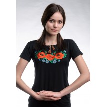 Черная женская вышитая футболка с цветочным орнаментом с коротким рукавом «Маковое поле» L