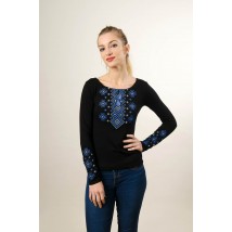 Stylish embroidered shirt with long sleeves in black “Carpathian ornament (blue embroidery)” S